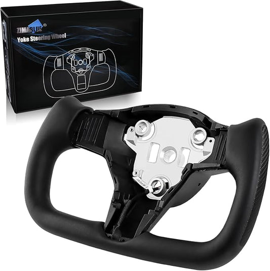 ZIMABLUE Yoke Steering Wheel Personalized Yoke Steering Wheel, Nappa Leather with Side Matte Carbon Fiber without Front Trim for Tesla Model 3 2017-2023, Model Y 2019-2024 With Heating Function