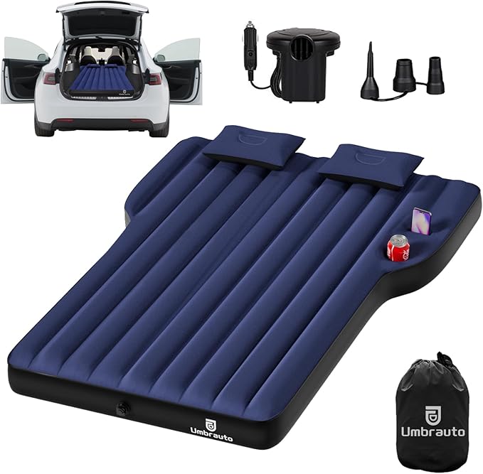 Umbrauto Air Mattress for Tesla Model Y, Custom Inflatable Camping Bed for Back Trunk, SUV Sleeping Pad w/Soft Flocking Surface, Durable 210T Fabric Bottom, Portable Pump for Travel, Navy