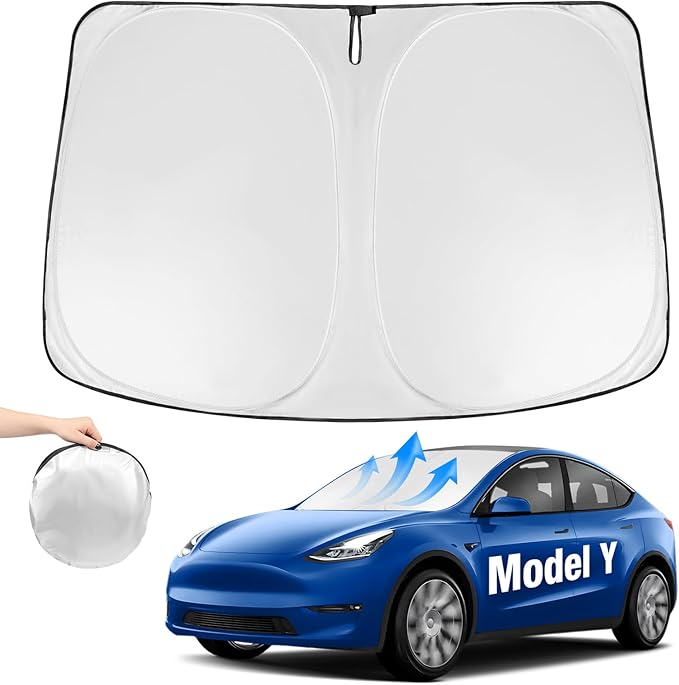 Neverland Custom Fit Windshield Sun Shade for Tesla Model Y 2020-2025, 210D Oxford Front Window Sunshade Visor - Block 99% UV, Keep Vehicle Cool