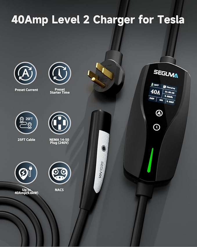 Level 2 EV Charger for Tesla, 40A/9.6kW Ultra-Fast Home Portable EV Charging Station with NEMA 14-50 Plug, 25FT Cable, Adjustable Current &Delay Start Timer, Compatible with Model Y/3/S/X (NACS Port)