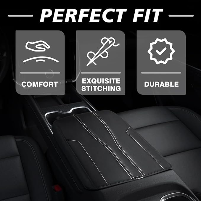Muslogy Center Console Armrest Cover Fit for GMC Acadia & Chevy Traverse 2024-2026 Accessories, Comfort Armrest Pad Console Lid Cushion Protector Vegan Leather Regular Thick (Black/White Trim)