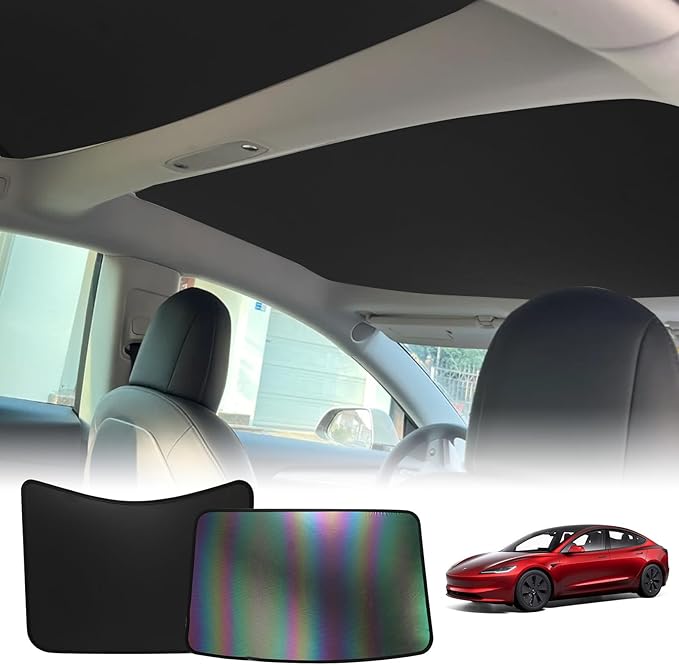 [2024 Upgrade] Sunshade Roof for Tesla Model 3 2024, Colorful Ice Crystal Glass Roof Sunshade, No-Sag Design, Retractable, Heat Insulation, Snap Foldable (Black)