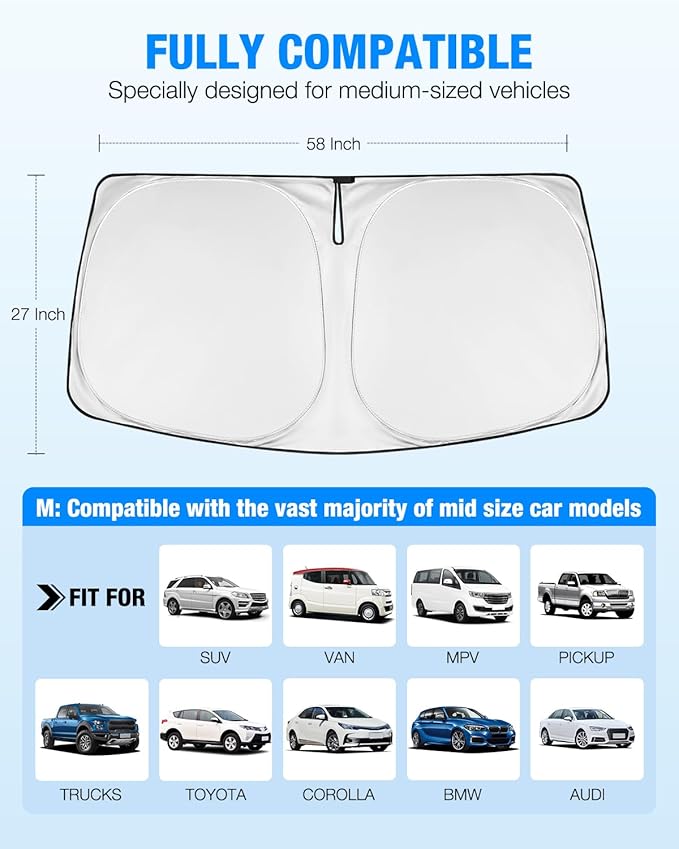 NEVERLAND Windshield Sun Shade for Cars, 210D Oxford Fabric Universal Front Window Sunshade Cover (57.87" x 27.56"), Heat & UV Rays Blocker for SUV and Sedan Interior Protection