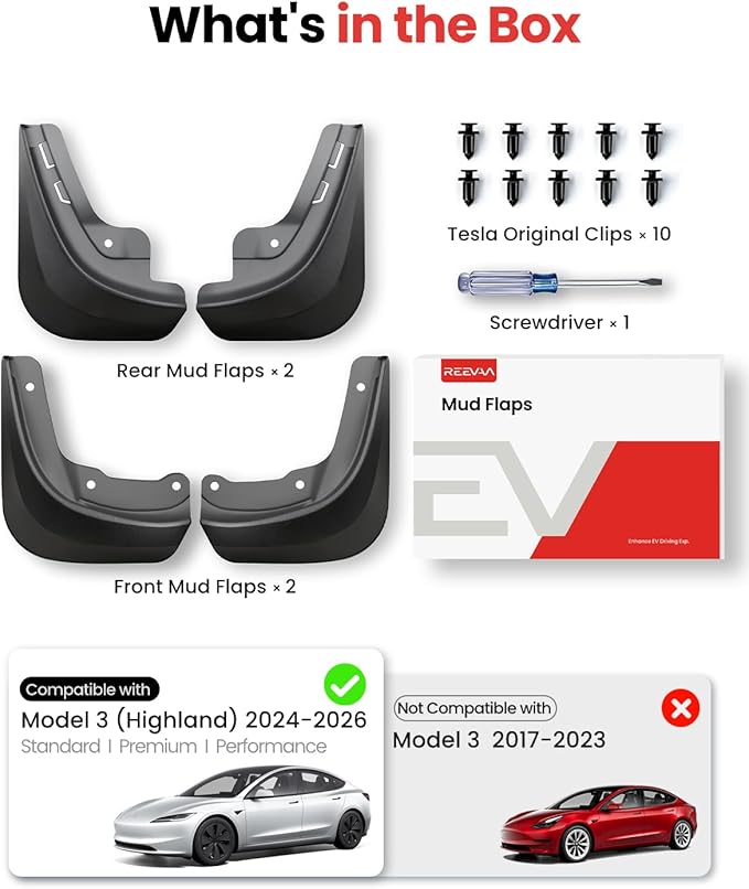 REEVAA 2026 Tesla Model 3 Highland Accessories - Mud Flaps [Protect Paint, No Drilling Required] All-Weather Splash Guard Body Kits for Model 3 Highland 2024-2026, Black (Set of 4)