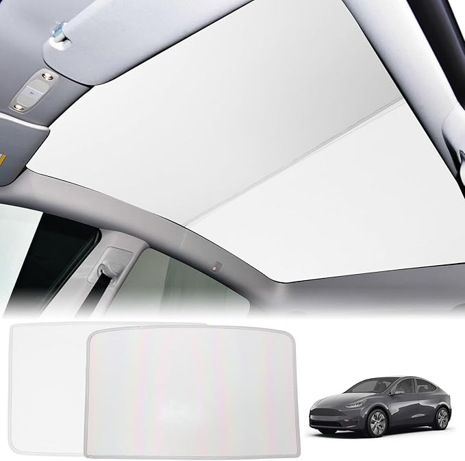 ROCCS Sunshade Roof for Tesla Model Y 2020-2024 Colorful Ice Crystal Glass Roof Sunshade Sunroof No-Sag Design Retractable Sunshade Heat Insulation Roof Window Sun Protection Snap Foldable (White)