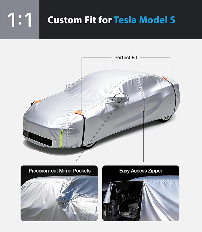 Wigoo Tesla Model S Car Cover Accessories 2012-2026, Custom Fit Waterproof All Weather Outdoor Full Car Cover, Windproof UV Rain Snow Dust Protection, Door Zipper, Charging Port, Ventilated Mesh