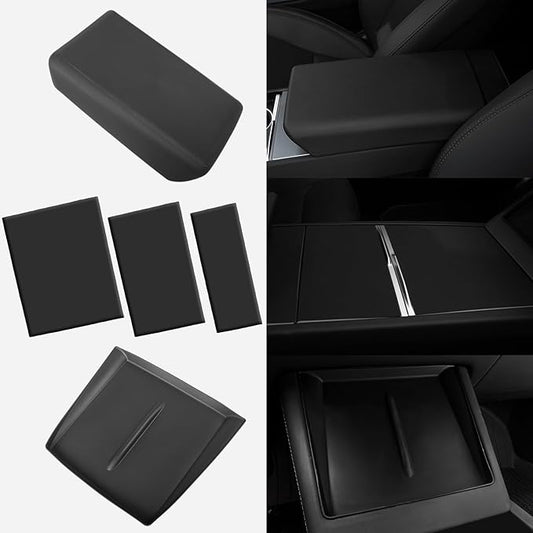 2026 Center Console Cover for Tesla Model Y Juniper 2025 & Model 3 Highland Accessories Set - Black Armrest Cover Wireless Charging Center Console Static Cling Pad Adhesive-Free 3 PCS Black