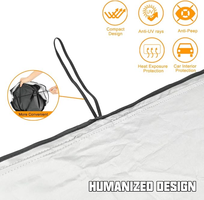 ROCCS Windshield Sun Shade Compatible with Tesla Model 3/Model Y 2016-2026 - 210T Double Layer Blocking Fabric Foldable Heat Shield Sun Visor - Folding Sunshade with Elastic Rope and Storage Bag