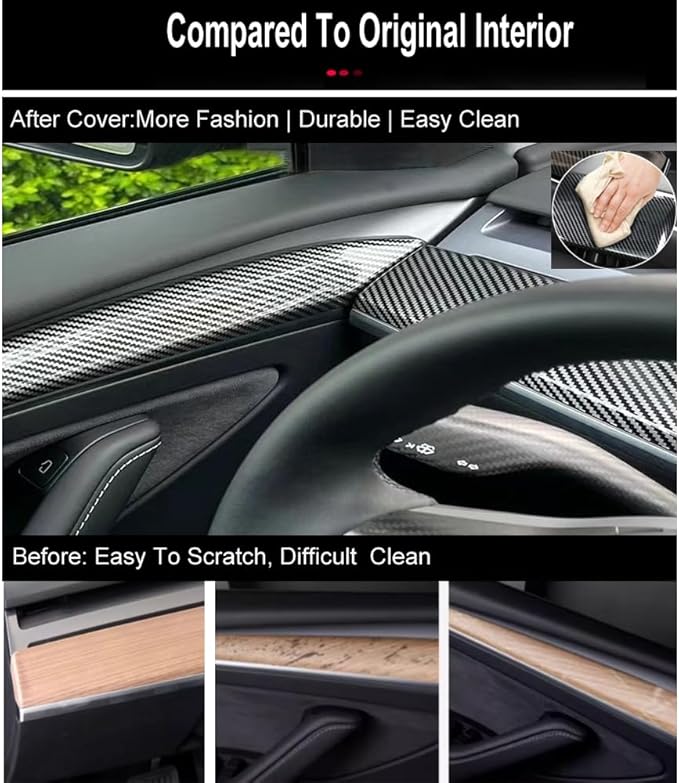 Dashboard Cover Wrap and Front Door Trim Kit -Compatible with Tesla Model Y 2019-2024 & Model 3 2021-2023, Interior Decoration Accessories,Not for Performance (Gloss Carbon Fiber Pattern, 4PCS)