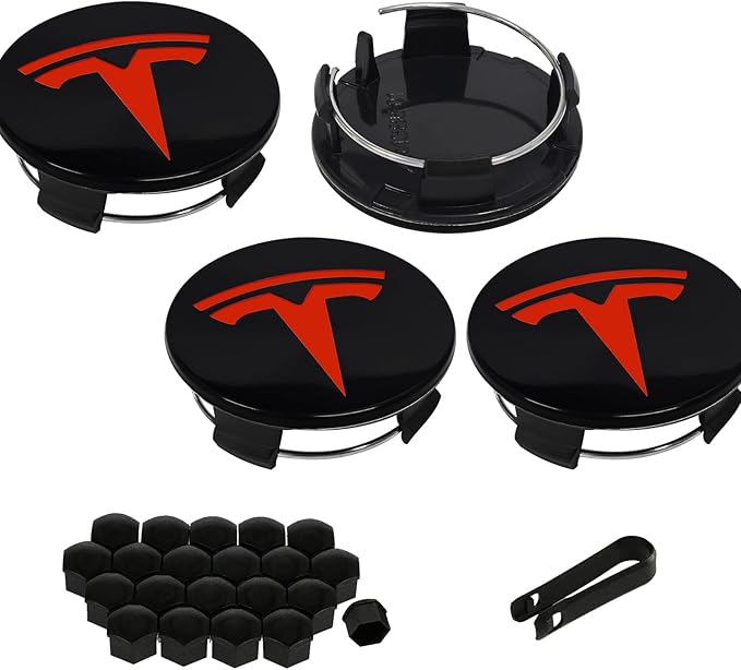 4 Pack Exterior Decoration Wheel Center Cover for Tesla Model 3 Model Y,56mm Hubcaps Wheel Rim Cover Tesla Center Caps Hubcaps+20 Black Lug Nut Covers (Glossy Black+Red Emblem)