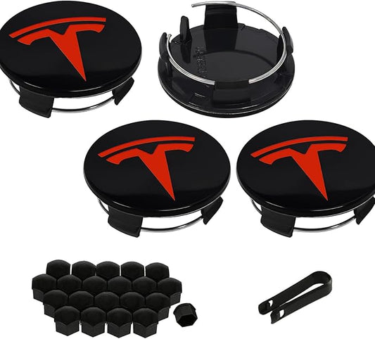 4 Pack Exterior Decoration Wheel Center Cover for Tesla Model 3 Model Y,56mm Hubcaps Wheel Rim Cover Tesla Center Caps Hubcaps+20 Black Lug Nut Covers (Glossy Black+Red Emblem)