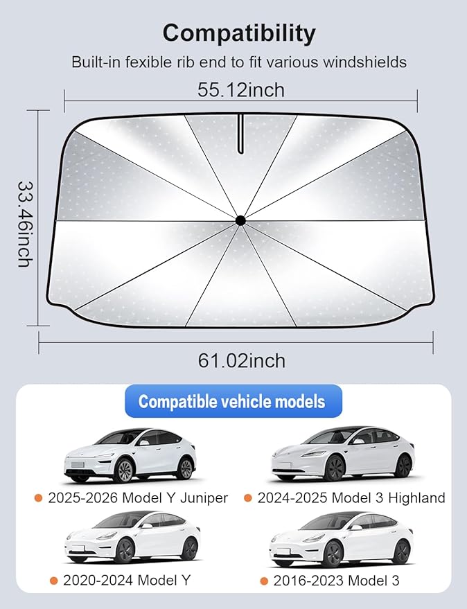 Windshield Sunshade Umbrella for Tesla Model Y 3 Extra Large Wider Coverage Foldable Heat Insulation for Tesla Model Y 3 (Juniper & Highland Included) Accessories 2026-2017