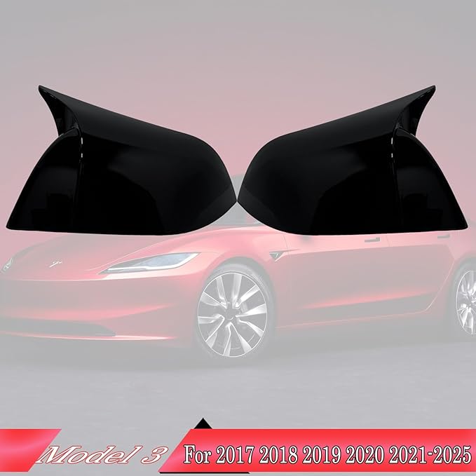 Side Mirror Cover,for Tesla Model 3 2017-2025，2PCS Horned Turn Signal housing Cover Sets car Accessories -Bright Black