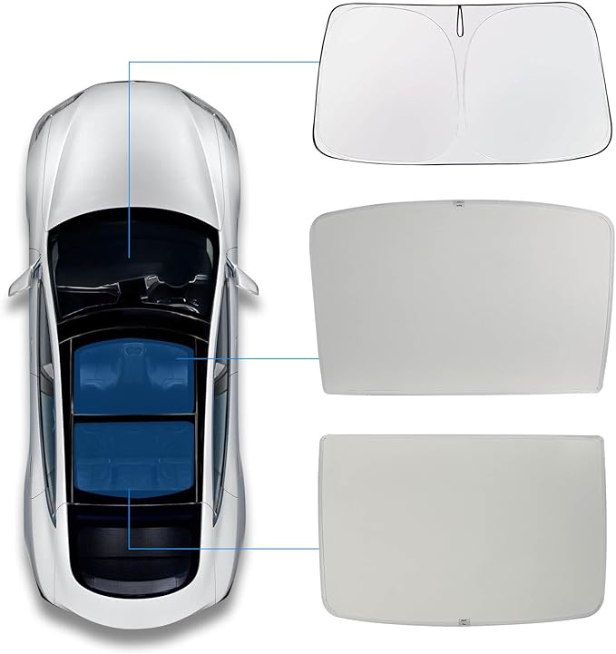For Tesla Model Y Sunshade Roof Sunroof Shade 2024 2023 2022 2021 2020(Ice Grey) & Tesla Model Y Windshield Sunshade Front Window Sun Shade Block UV Rays Heat, Not suitable for 2025 2026 Tesla Juniper