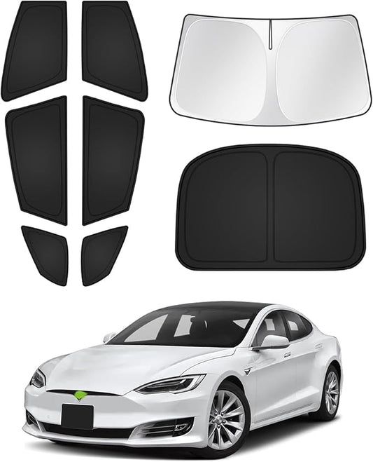 Sunshades for Tesla Model S 2012-2025 2026 (Not for Model S Plaid/Long Range) Windshield Sun Shade Side Rear Window Shade Cover Sun Visor Shield Privacy Protection Keep Vehicle Cool Black 8PCS