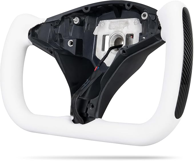 Yoke Steering Wheel, White Microfiber Smooth Leather with Side Glossy Carbon Fiber for Tesla Model X 2016-2020,For Tesla Model S 2014-2020 With Heating Function