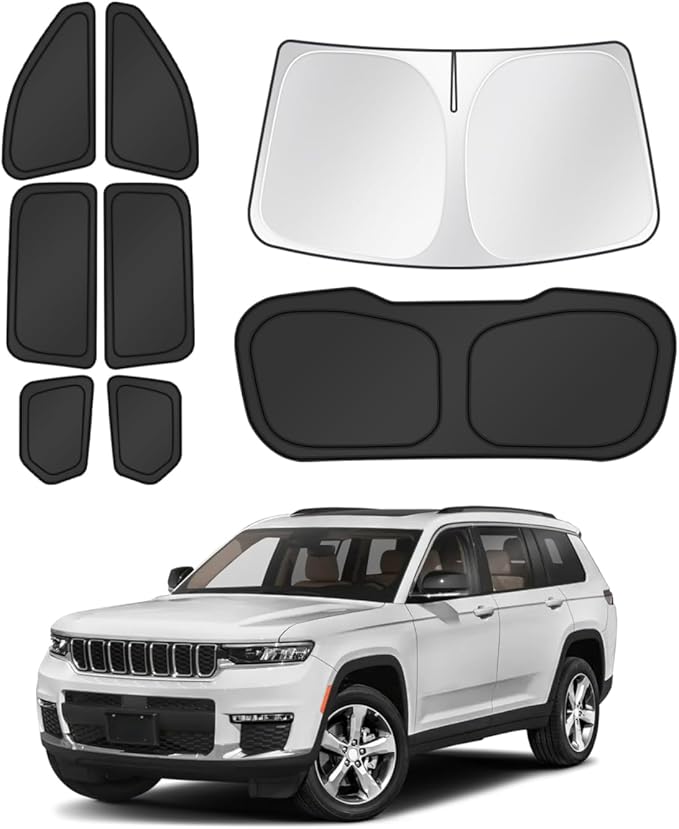 Window Shades for 2021-2025 2026 Jeep Grand Cherokee L Accessories Windshield Sun Shade Side Rear Window Cover Sunshade Sun Visor Shield Privacy Protection for Camping Keep Car Cool Black 8PCS