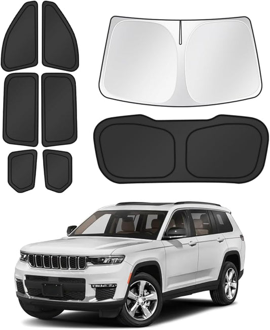 Window Shades for 2021-2025 2026 Jeep Grand Cherokee L Accessories Windshield Sun Shade Side Rear Window Cover Sunshade Sun Visor Shield Privacy Protection for Camping Keep Car Cool Black 8PCS