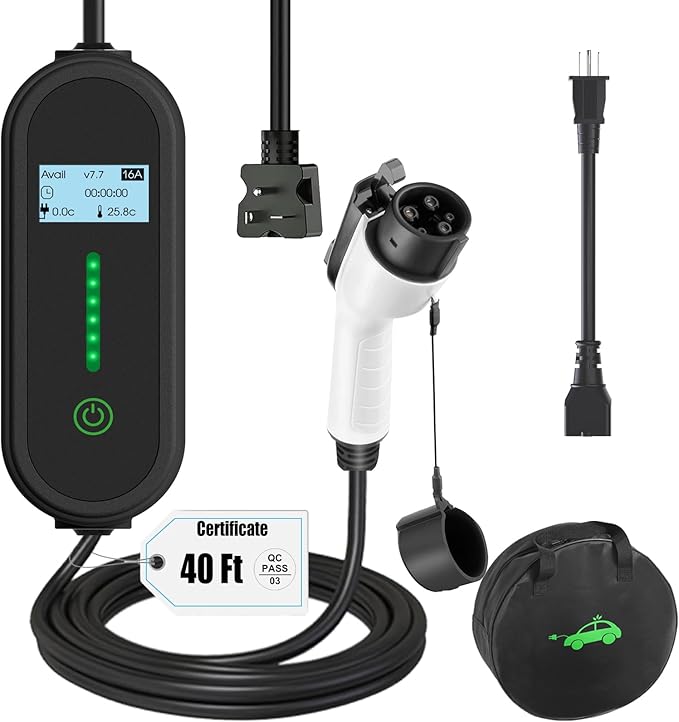 40Ft Cord EV Charger, 16Amp 110V/240V Portable Level 1 Level 2 Electric Vehicle Charging Station with NEMA 6-20 Plug & NEMA 5-15 Adapter for J1772 Electric Cars