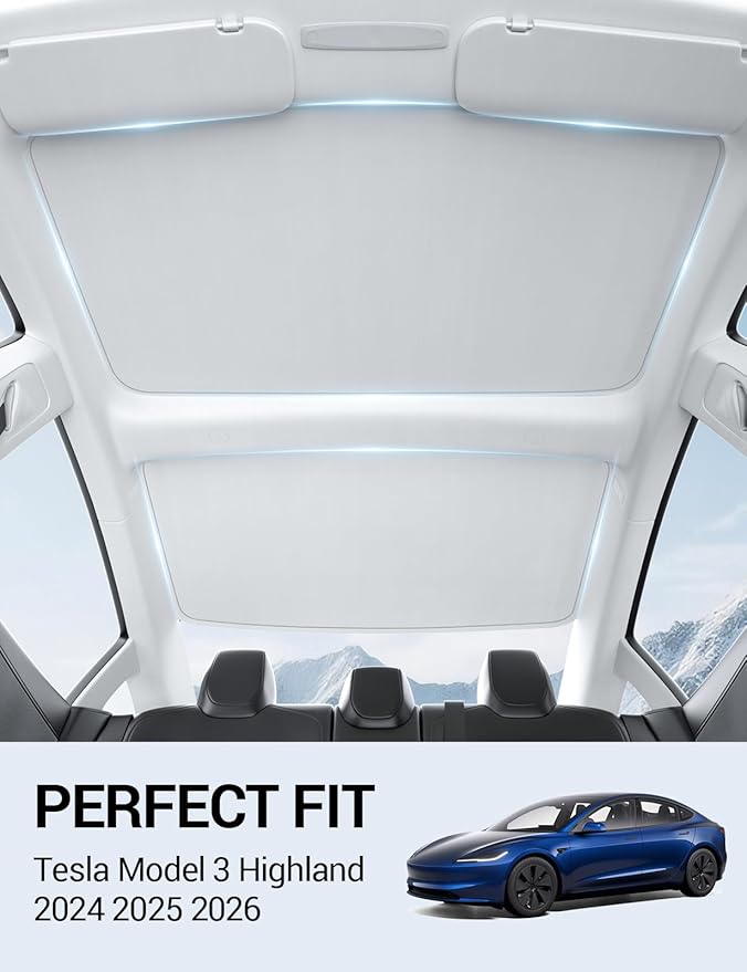 Motrobe 2026 Tesla Model 3 Highland Sunshade Roof [Sag-Free No Gaps] Glass Roof Sun Shade [Ice-Crystal Coatings] Sun Protection Heat Insulation Sunroof Model 3 Highland Accessories 2024-2026 Gray