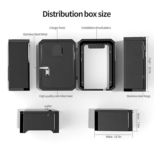 Wall-Mounted 1.2mm Cold Rolled Steel Electric Vehicle Charging Protection Box for Tesla, Waterproof Indoor/Outdoor Enclosure with Lock | Seamless One-Piece Design (Black)