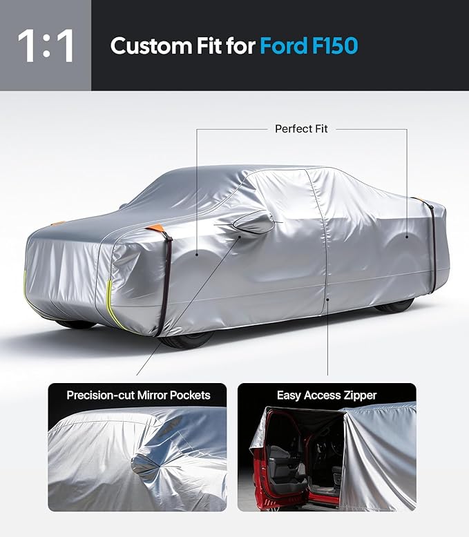 Wigoo Ford F150 F250 F350 F450 Truck Car Cover Accessories 2015-2026, Waterproof All Weather Outdoor Full Pickup Cover, Windproof UV Rain Snow Dust Protection, Door Zipper, Reflective Safety Strips