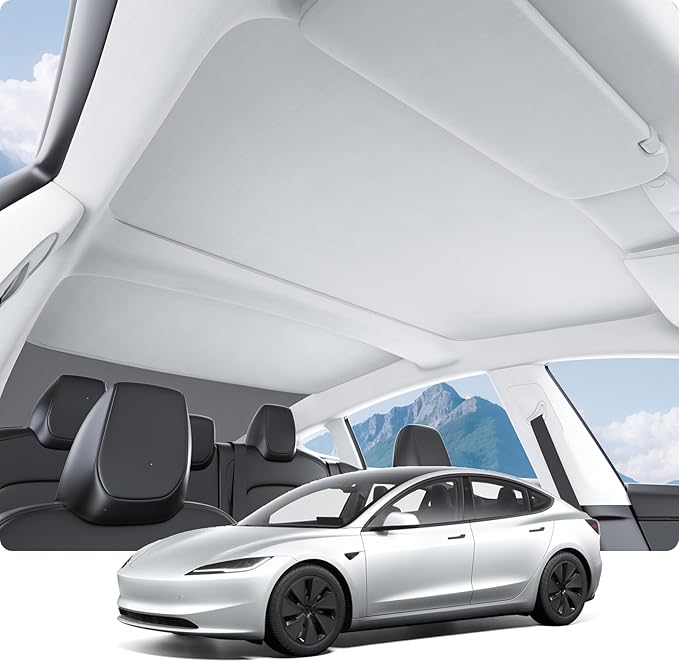 BASENOR 2026-2024 Tesla Model 3 Sunshade Roof, [Nano Ice-Crystal Coatings] Heat Insulation Glass Roof Shade, Top Window Retractable Sun Protection, Sunroof Blocking Cover for Model 3 Highland Grey