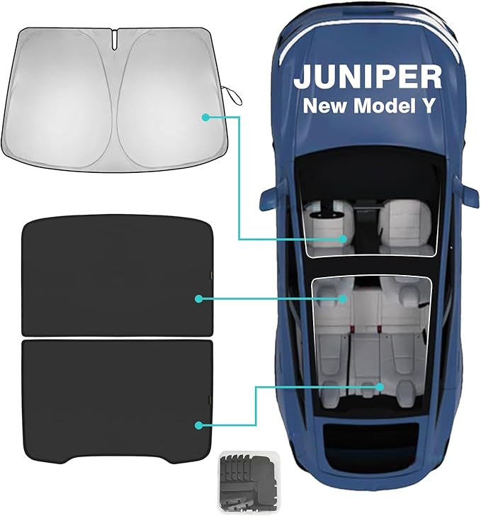 BestEvMod 3PCS Windshield& Roof Sunshade Compatible with 2026 2025 Tesla New Model Y Juniper Foldable Sun Shade Accessory Heat UV Protection Visor Accessories with Storage Bag (Roof+Windshield, Black)