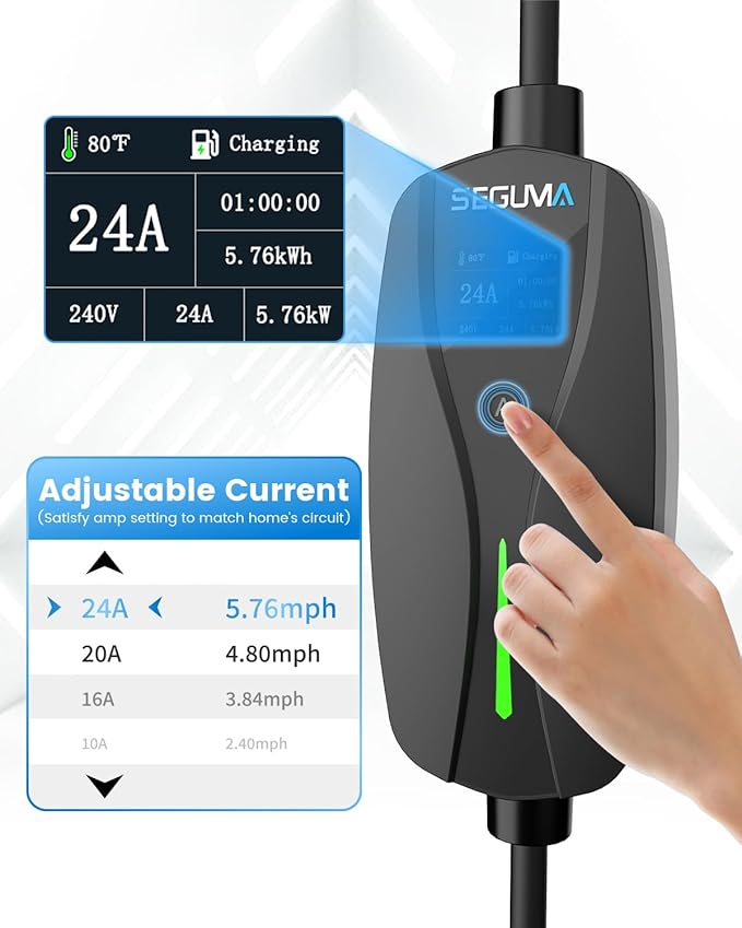 SEGUMA NEMA 10-30 Level 2 Tesla Charger-24A 240V, 25FT Extension Cable, Adjustable Current(10-24A)-Portable Home Mobile EV Charger for Model Y/X/3/S/Cybertruck,NACS Connector for 3-Prong Dryer Outlet
