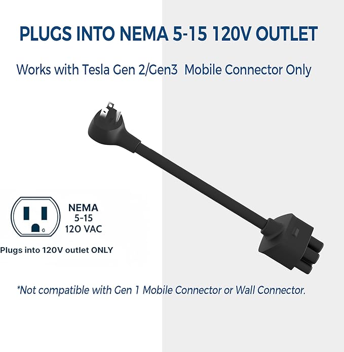 Premium Adapter for Tesla Gen 2/Gen 3 Mobile Charger | Connect to 240V Outlet | 12 Amp Charging | 10 Inch Length (NEMA 5-15)
