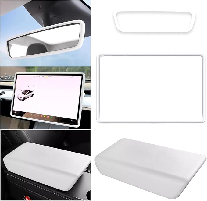 for 2017-2023 Tesla Model 3/2021-2024 Model Y Center Console Armrest Cover Screen and Internal Mirror Protective Cover Interior Accessories (White-M3/Y-3pcs)