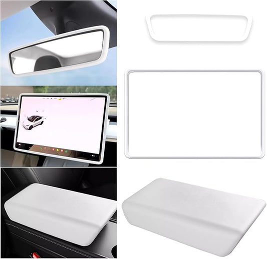 2024-2025 Tesla 3/2025 Tesla Y-Shaped Center Console Cover, Central Screen Silicone Protective Cover, and Interior Rearview Mirror Protective Cover Internal Accessories (white 3/Y-3 pcs)