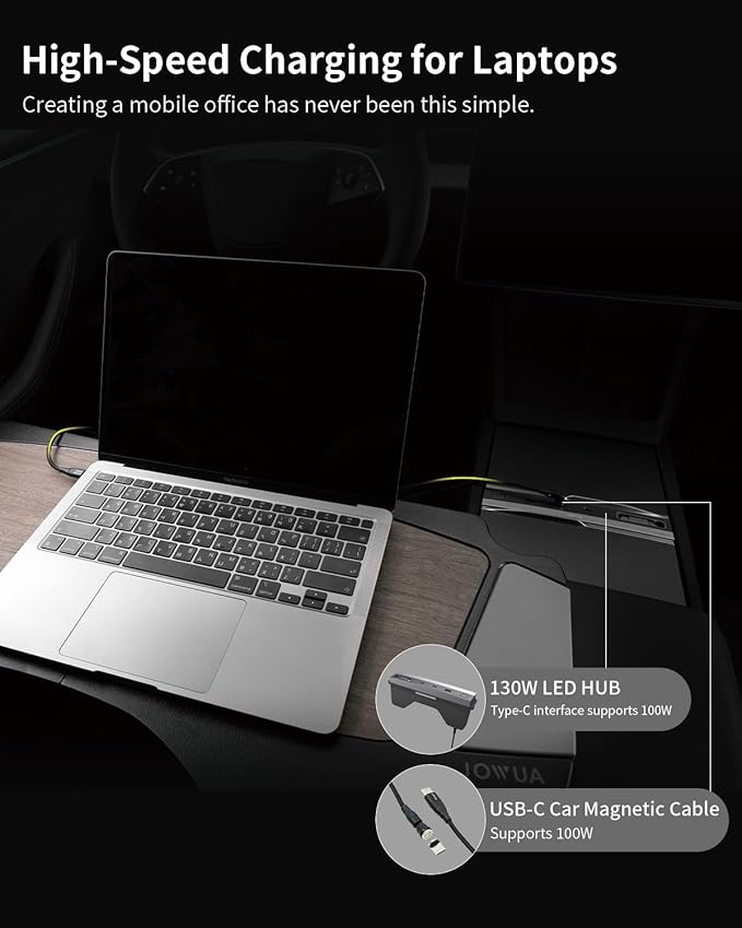 JOWUA 130W LED Hub Compatible for Tesla New 2025 Model Y, Reengineered Model 3 Highland (2024+), Two Type-C Ports, one USB-A Port, and a Type-C Cable