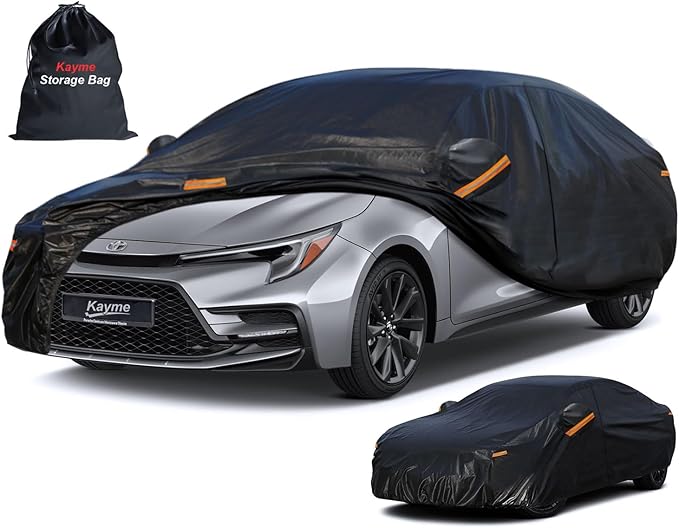 Kayme 7 Layers Car Cover Custom Fit for Toyota Corolla Sedan (1996-2025) Waterproof All Weather for Automobiles, Outdoor Full Cover Rain Sun UV Protection with Zipper Cotton/Black