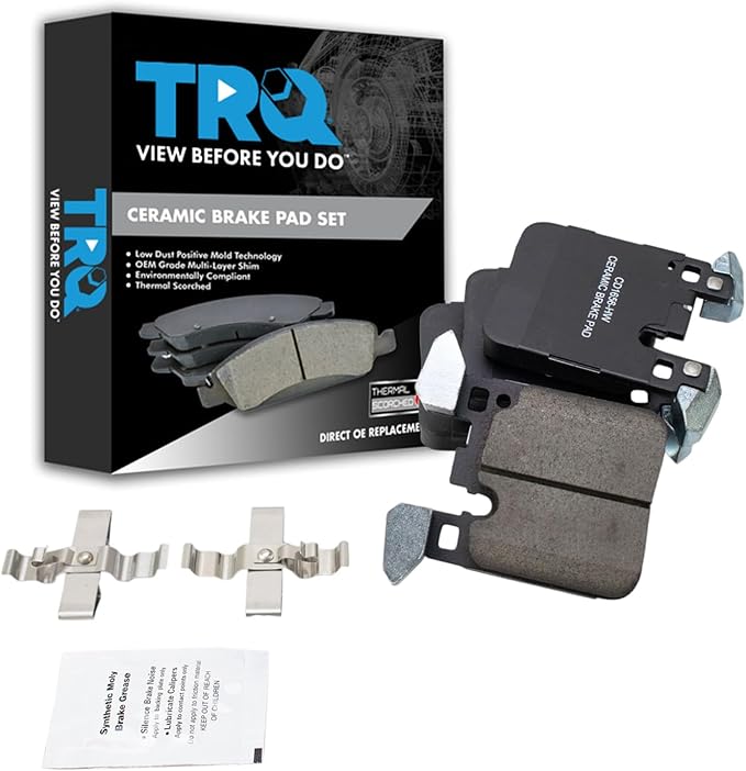 TRQ Rear Ceramic Brake Pad Set Compatible with 17-21 BMW M240i 17-21 230i with Blue Painted Calipers 15-20 M4 without Ceramic Composite Brakes