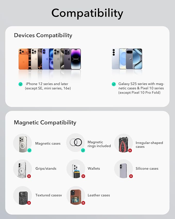 ESR Dashboard Magnetic Phone Holder for Car, for MagSafe Car Mount, Windshield Vacuum Car Mount for iPhone 17/16/16e/15/14/13/12, Samsung, Pixel 10, Charging Not Supported, 2 Metal Rings Included