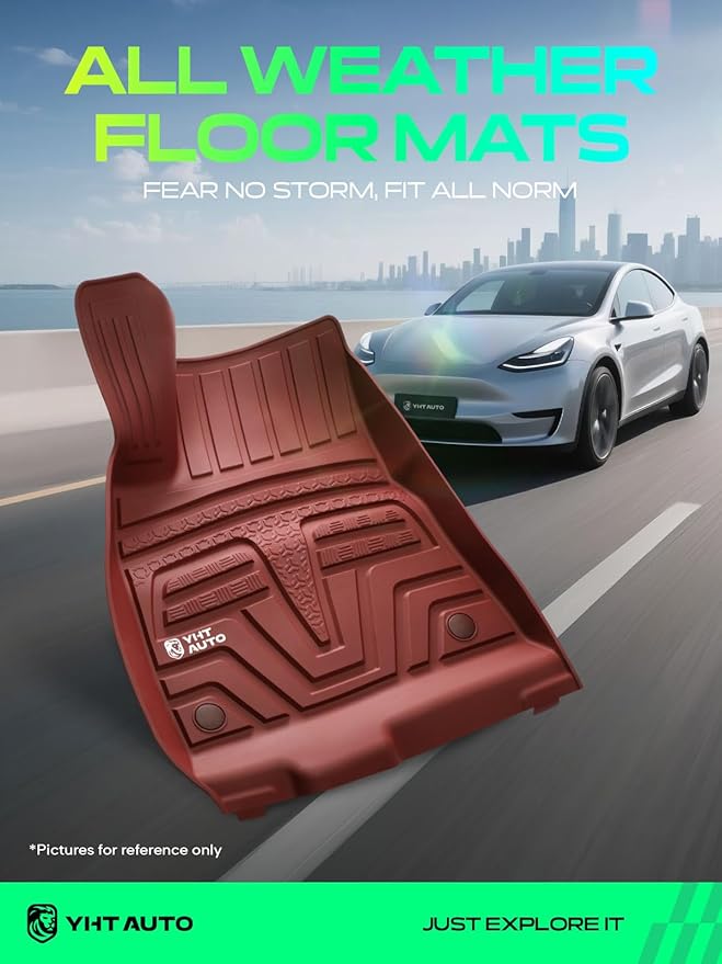 YHTAUTO for Tesla Model 3 2023 2022 2021 Floor Mats, All Weather TPE Car Mats Carpet, 1st & 2nd Row, Set of 3, Red