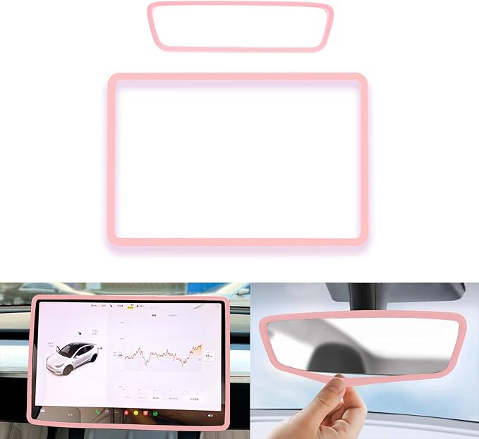 for 2017-2023 Tesla Model 3/2021-2024 Model Y Central Screen and Interior Mirror Protector Frame Interior Accessories (Pink-M3/Y-2pcs)