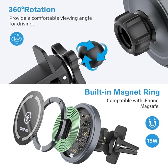 OHLPRO for MagSafe Car Mount Charger iPhone Wireless Car Charger, Stick on Dashboard Magnetic Phone Holder Mount for iPhone 17 Pro Plus Max 16 15 14 13 12 Series, 15W Fast Charging, Aluminum Shell