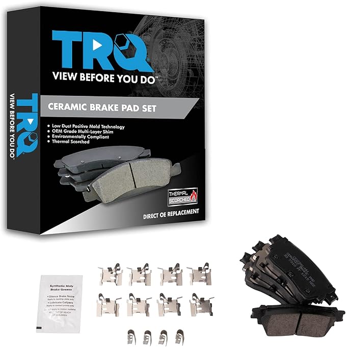 TRQ Rear Ceramic Brake Pad Set Includes Contact Point Grease Compatible with 22-24 Mitsubishi Outlander 22-24 Nissan Pathfinder 22-24 INFINITI QX60 23 Nissan Rogue 21-22 Rogue Front Wheel Drive
