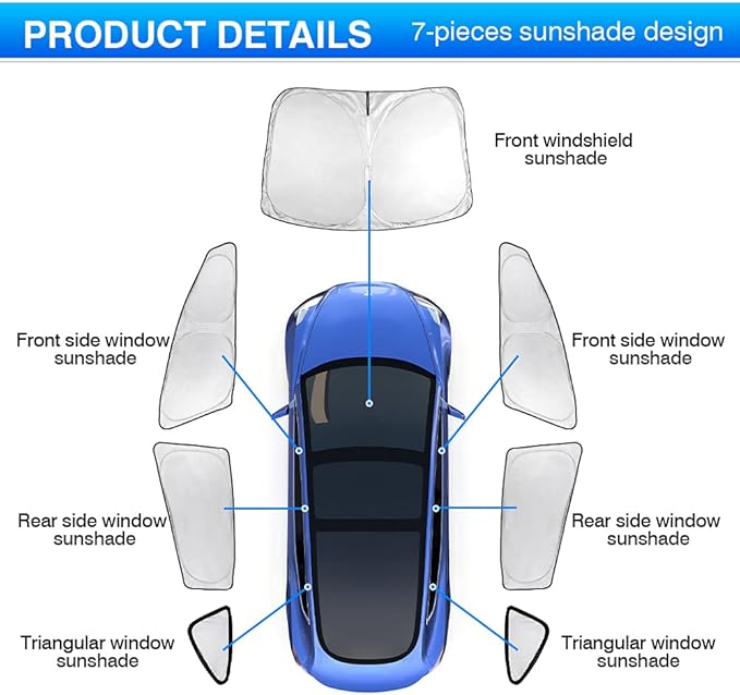 T TGBROS Windshield Sun Shade for Tesla Model 3 2018-2024 2025 Car Window Shades Thicken UV Block and Blackout Privacy Foldable Sunshades 7PCS Keep Cool Sun Visor Covers