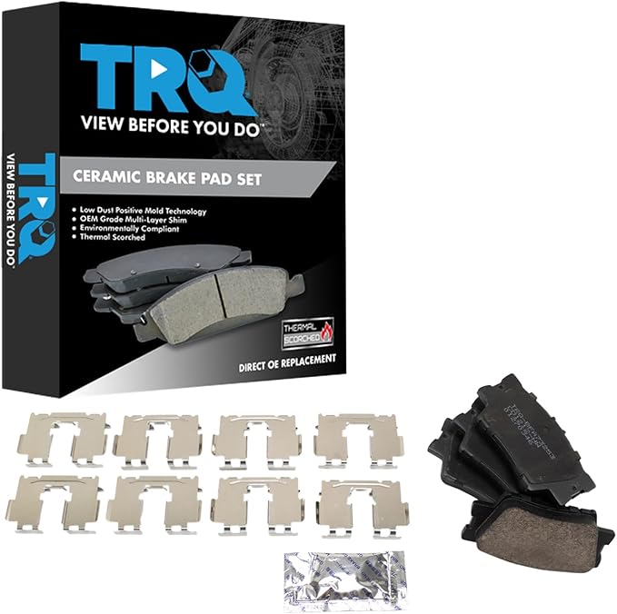 TRQ Rear Ceramic Brake Pad Set Includes Contact Point Grease Hardware Compatible with 13-18 Lexus ES300h 07-18 ES350 10-12 HS250h 08-18 Toyota Avalon 07-19 Camry Manual Parking Brake 06-18 RAV4
