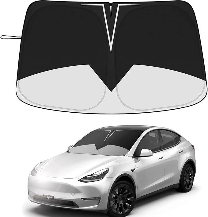 Black Windshield Sunshade for Tesla Model 3 & Model Y, Full-Size Front Sun Visor Blocks UV & Heat, Quick-Fold Car Sun Shade with Storage Bag, Interior Protector Accessories(BW-Model 3-Y)