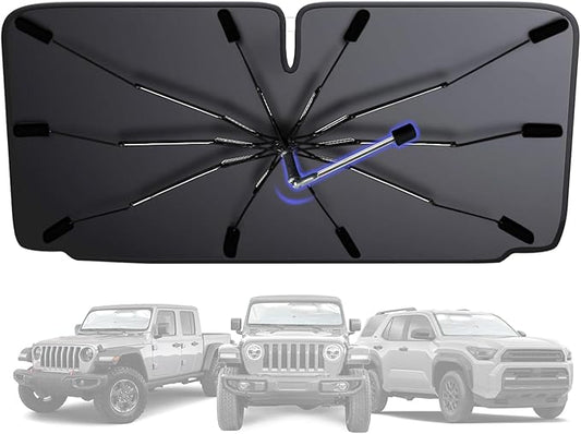 [2025 Upgraded] Windshield Sun Shade Umbrella - Foldable Car Sunshade for Jeep Wrangler/Gladiator, for Toyota 4Runner/Land Cruiser, Front Window Sun Shade UV Block & Heat Shield(Small-55"x23")