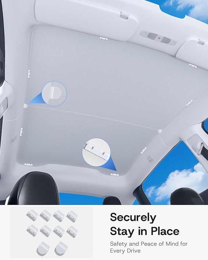 Upgraded Sunshade Roof for Tesla Model Y Juniper Accessories 2025 2026, [Graphene Infused Fabric& UPF 50+ & No-Sag] Heat Insulation Class Roof Sun Shade for Tesla Model Y Accessories, Gray, 2PCS