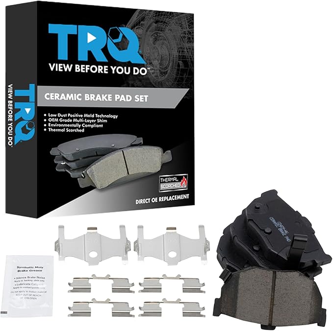 TRQ Rear Brake Pads Ceramic Hardware Wear Sensor Compatible with 1994-2006 Hyundai Elantra 1997-2008 Tiburon 2004-2009 Kia Spectra 2005-2009 Spectra5 1985-1990 Nissan Maxima 1990-1992 Stanza