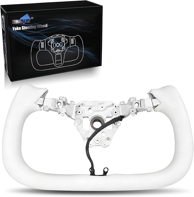 ZIMABLUE White Yoke Steering Wheel For Tesla Model Y Juniper Accessories 2025, White Nappa Leather for Tesla Model Y Juniper 2025 With Heating Function,Without stripe