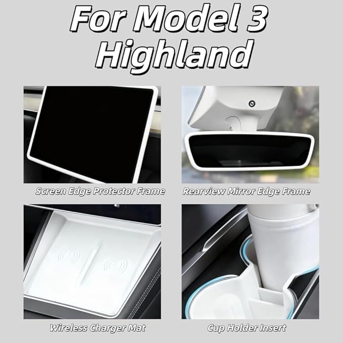 4 PCS Silicone Center Console Accessories Kit for Tesla Model 3 Highland,Center Console Mat Cup Holder Insert Screen Edge Protector Frame Mirror Frame Protectors (White Model 3 Highland)