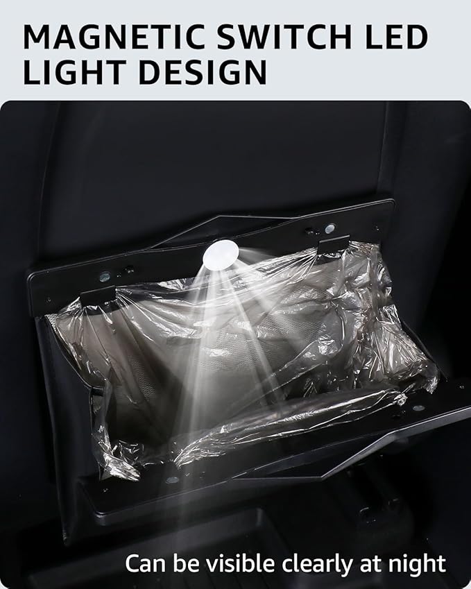 Motrobe Tesla Model Y Juniper Trash Can 2020-2026 Garbage Bag Garbage Bin [Strong Magnetic Buckle] Waterproof with LED Light Faux Leather Model Y Interior Accessories 2.5 Gallons