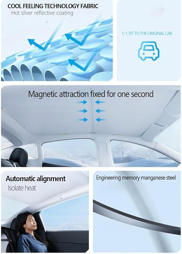 2025 2026 Tesla New Model Y Juniper Sunshade Roof [No Gaps, No-Sagging] Magnetic-Mid Design New Tesla Y Must-Have Accessories Heat Insulation Foldable Glass Shade for New Model Y Only
